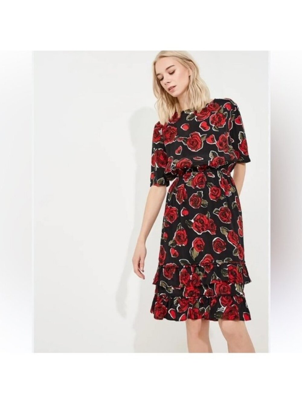 Love Moschino Black and Red Rose Midi Dress Sz 2